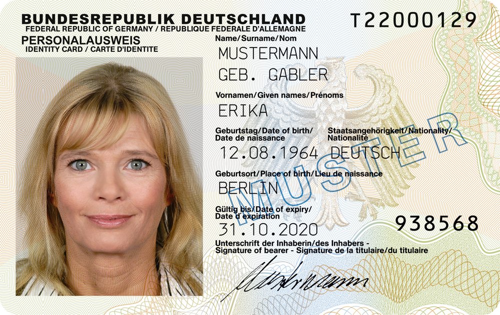 Muster eines deutschen Personalausweises – zeigt, welche Daten Betrüger aus einer versendeten Ausweiskopie für Identitätsmissbrauch nutzen können