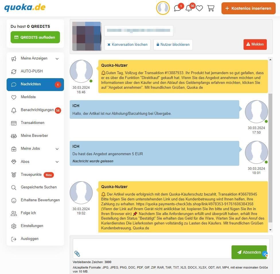 Screenshot eines Phishing-Versuchs auf dem Kleinanzeigen-Portal Quoka.de – über solche gefälschten Nachrichten stehlen Betrüger Zugangsdaten und ein Kleinanzeigen-Konto wird gehackt